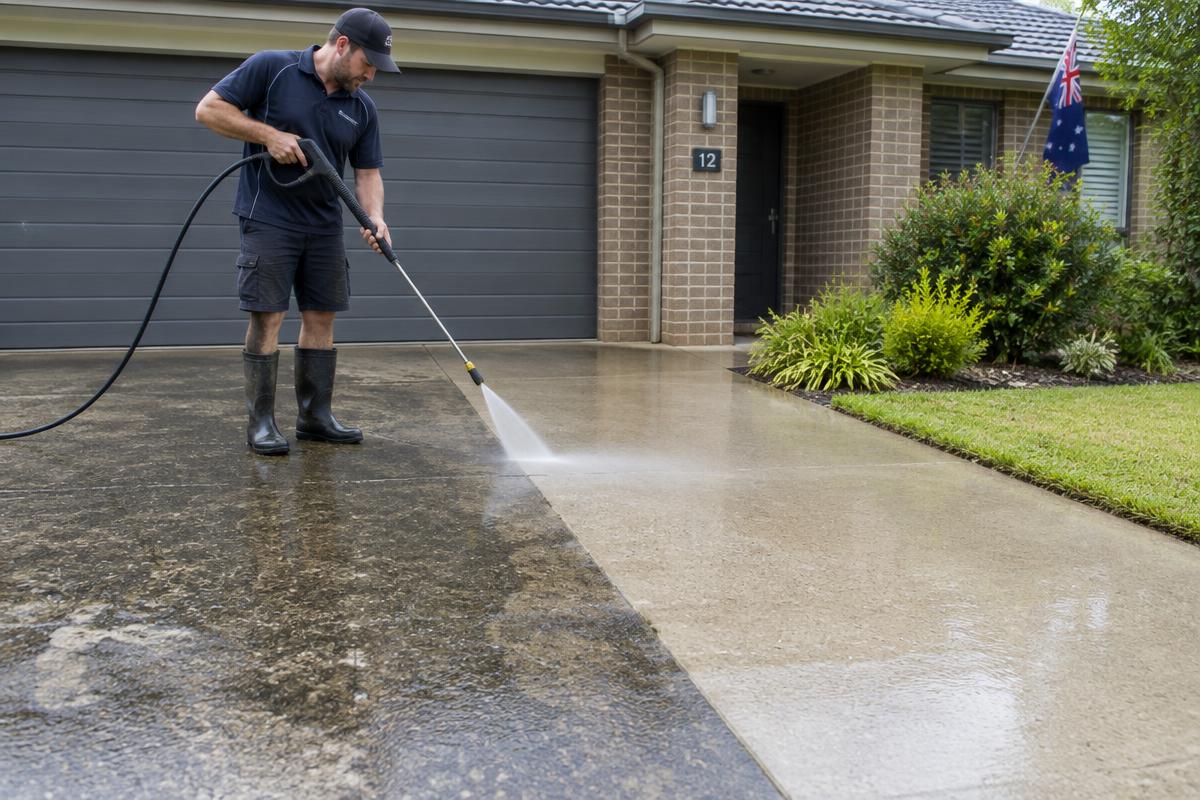 Pressure cleaning a concrete driveway outside a brick home