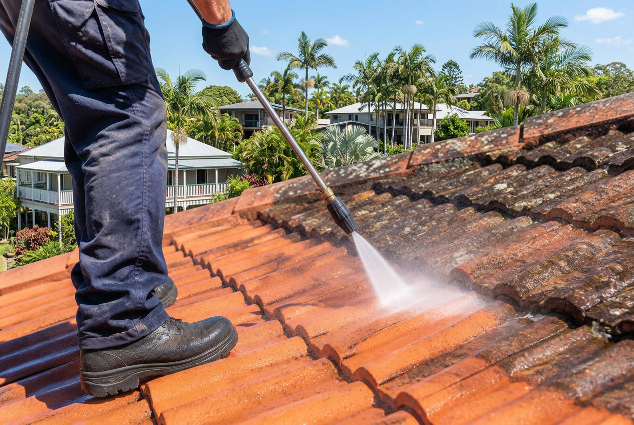Pressure cleaning moss and grime from a terracotta tiled roof