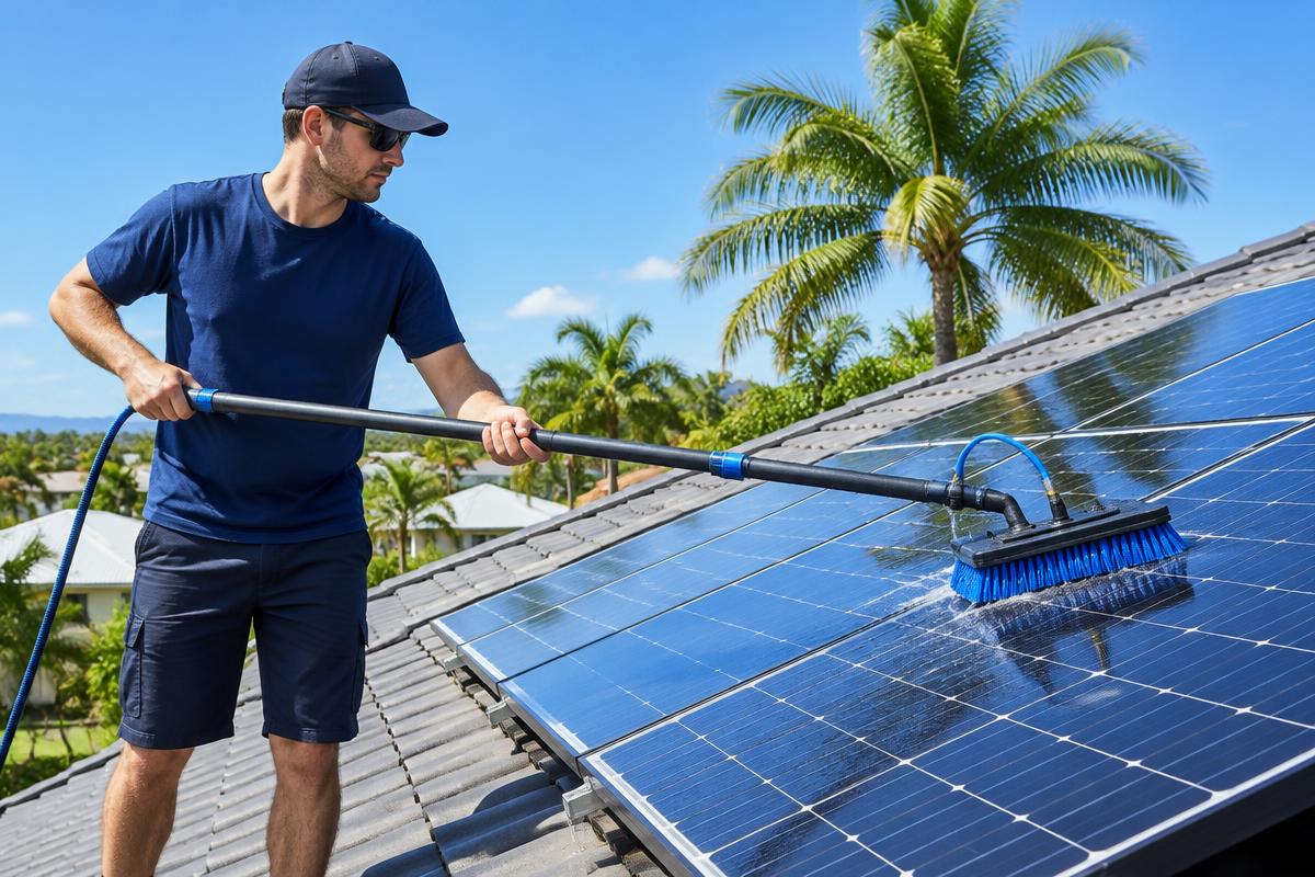 Cleaning rooftop solar panels with a soft brush pole